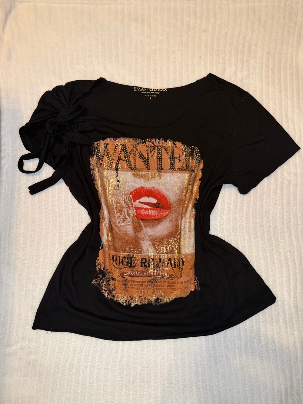 GUESS SmartGUESS Wanted Graphic Tee Black Rhinestone Sz L